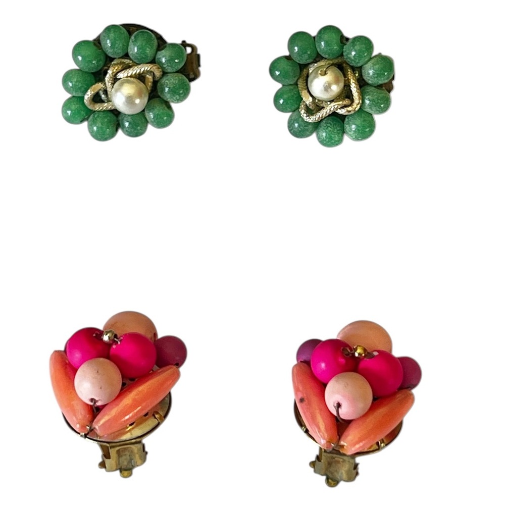 Vintage Clip-On Earrings Set Green w/ Faux Pearl & pink w/ Magenta Multicolor